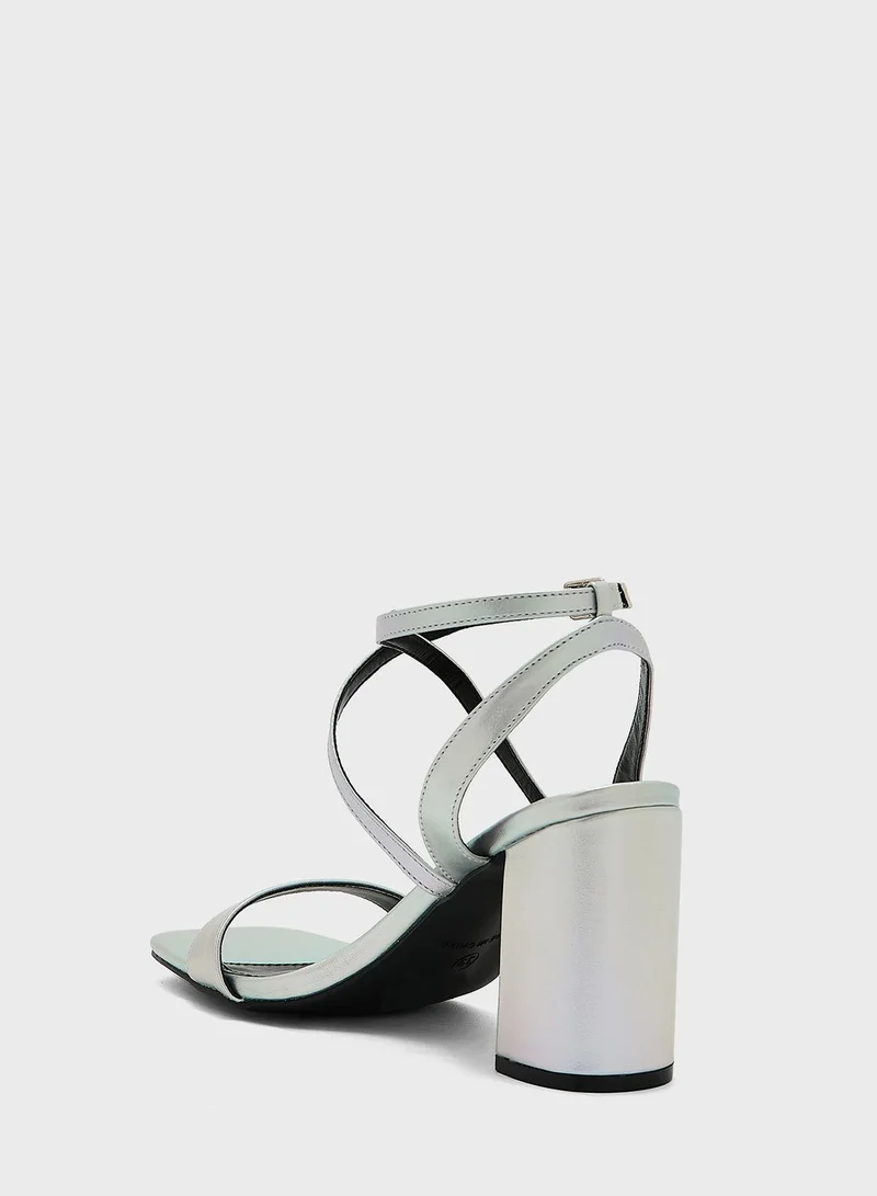 ELLA Ankle Strap Metallic Block Heel Sandals