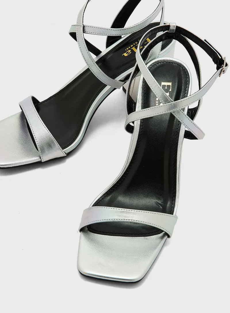 ELLA Ankle Strap Metallic Block Heel Sandals