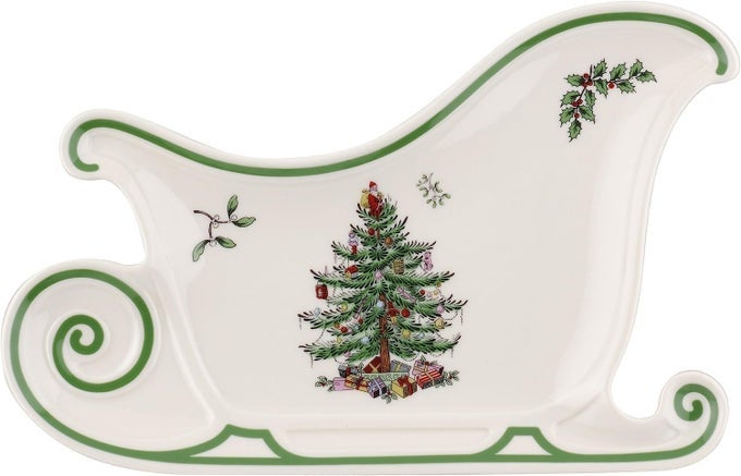 CHRISTMAS TREE EMBOSSED SLEIGH PLATE 135 SERVING FESTIVE SERVING DISH FOR CHRISTMAS TABLEWARE FINE PORCELAIN DECORATIVE HOLIDAY PLATTER FOR SERVING HOLIDAY TREATS TABLE DCOR