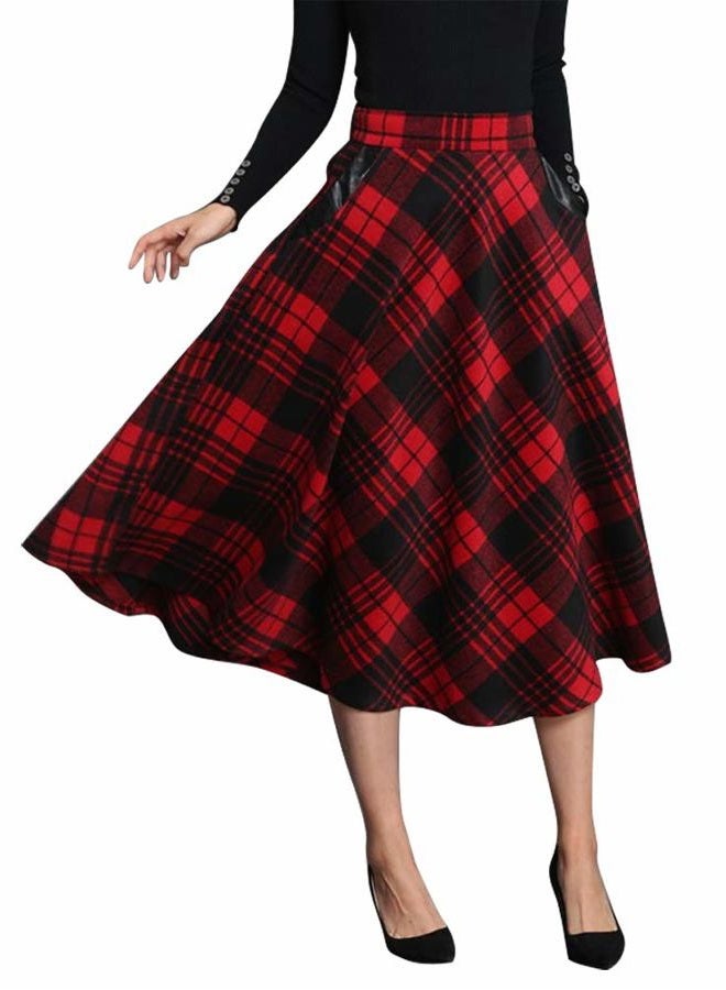 IDEALSANXUN Women's High Elastic Waist A-line Plaid Winter Warm Flare Long Skirts, Mid-calf Red, L - Image 1