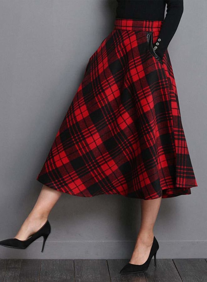 IDEALSANXUN Women's High Elastic Waist A-line Plaid Winter Warm Flare Long Skirts, Mid-calf Red, L - Image 2