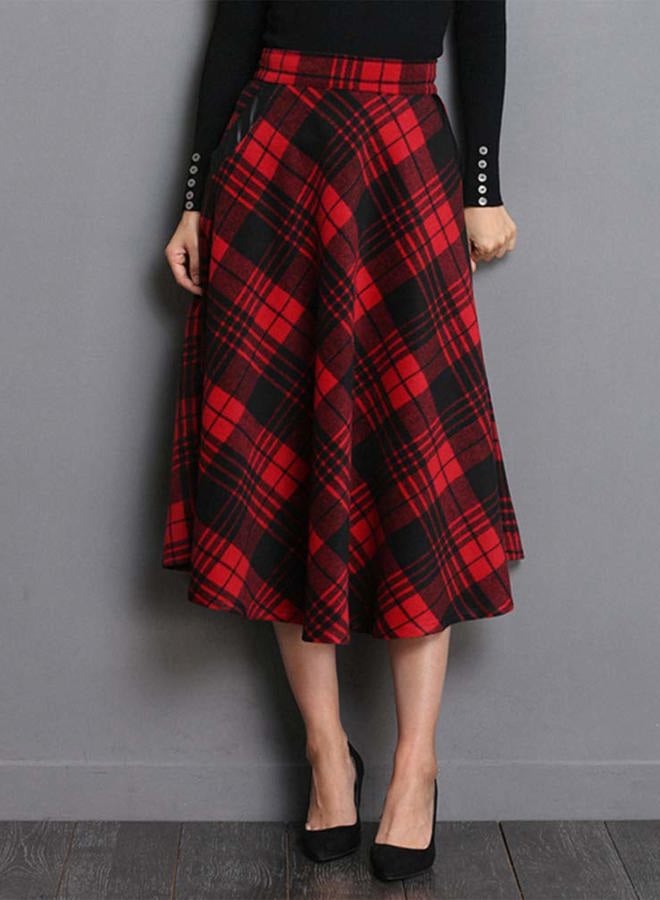 IDEALSANXUN Women's High Elastic Waist A-line Plaid Winter Warm Flare Long Skirts, Mid-calf Red, L - Image 3