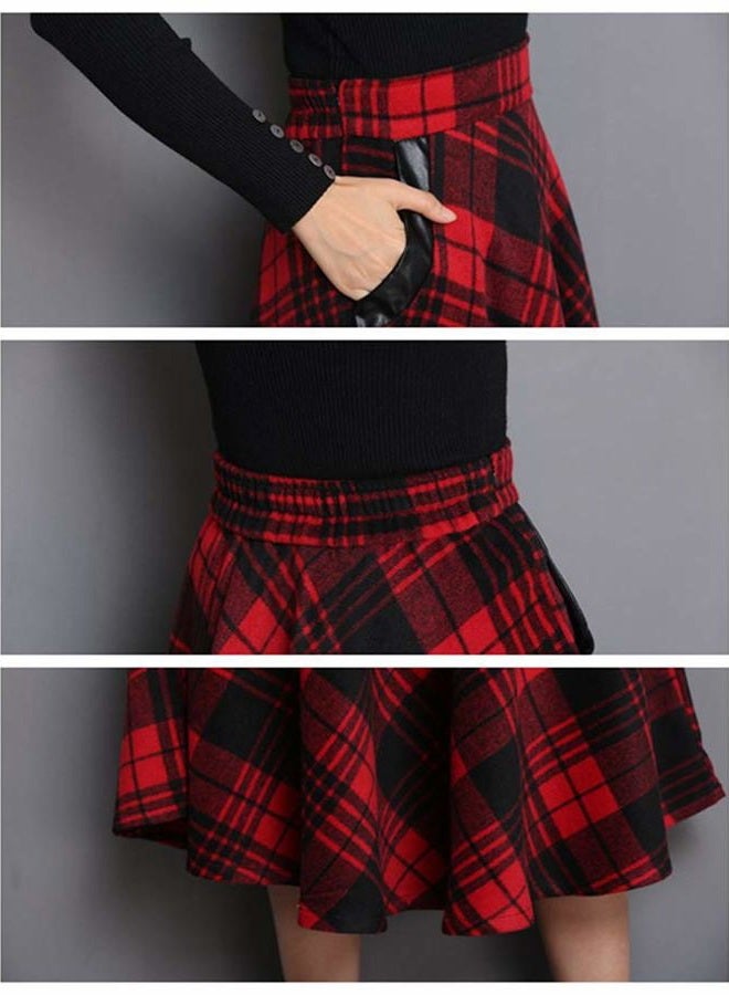 IDEALSANXUN Women's High Elastic Waist A-line Plaid Winter Warm Flare Long Skirts, Mid-calf Red, L - Image 4