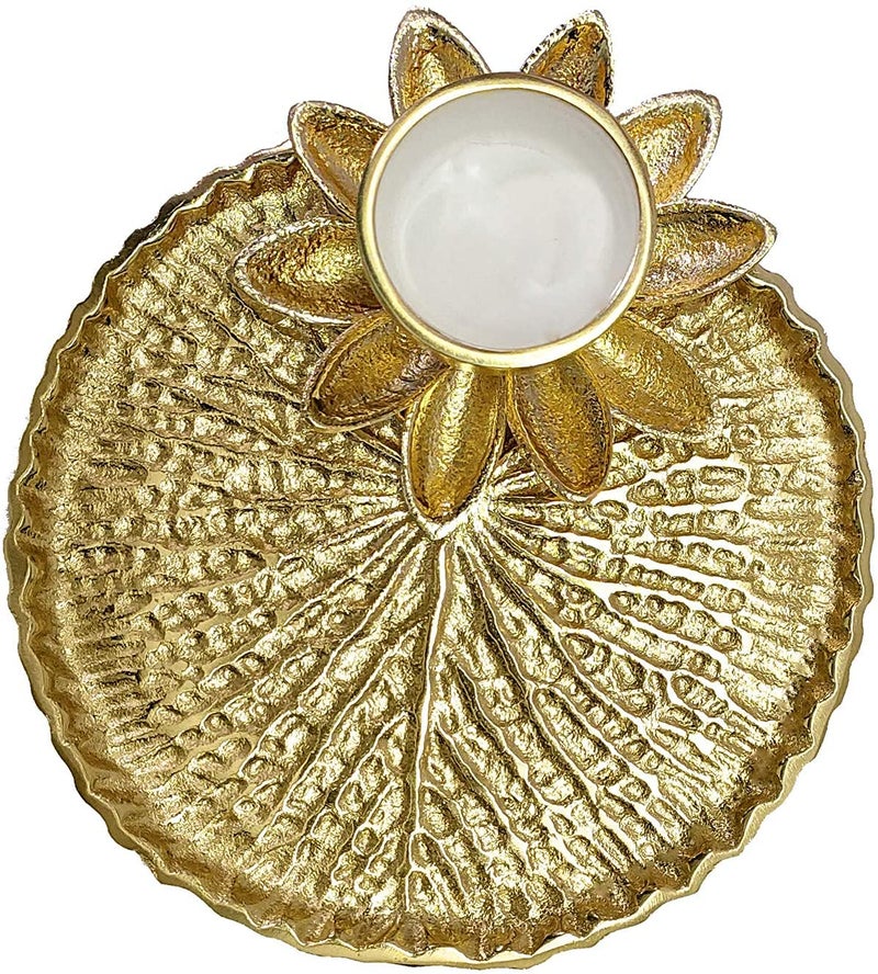 SATVIK Pooja Golden Metal Designer Thali Inbuilt Flower Lotus Petals Diya Dia Traditional Indian Hindu Temple Rituals Mandir Diwali Pujan Deepawali Home Decor Platter Gifts Items - Image 1