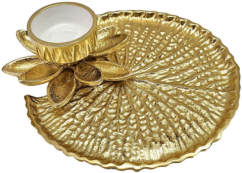 SATVIK Pooja Golden Metal Designer Thali Inbuilt Flower Lotus Petals Diya Dia Traditional Indian Hindu Temple Rituals Mandir Diwali Pujan Deepawali Home Decor Platter Gifts Items - Image 3