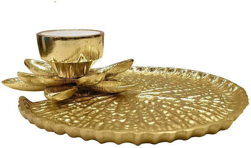 SATVIK Pooja Golden Metal Designer Thali Inbuilt Flower Lotus Petals Diya Dia Traditional Indian Hindu Temple Rituals Mandir Diwali Pujan Deepawali Home Decor Platter Gifts Items - Image 4