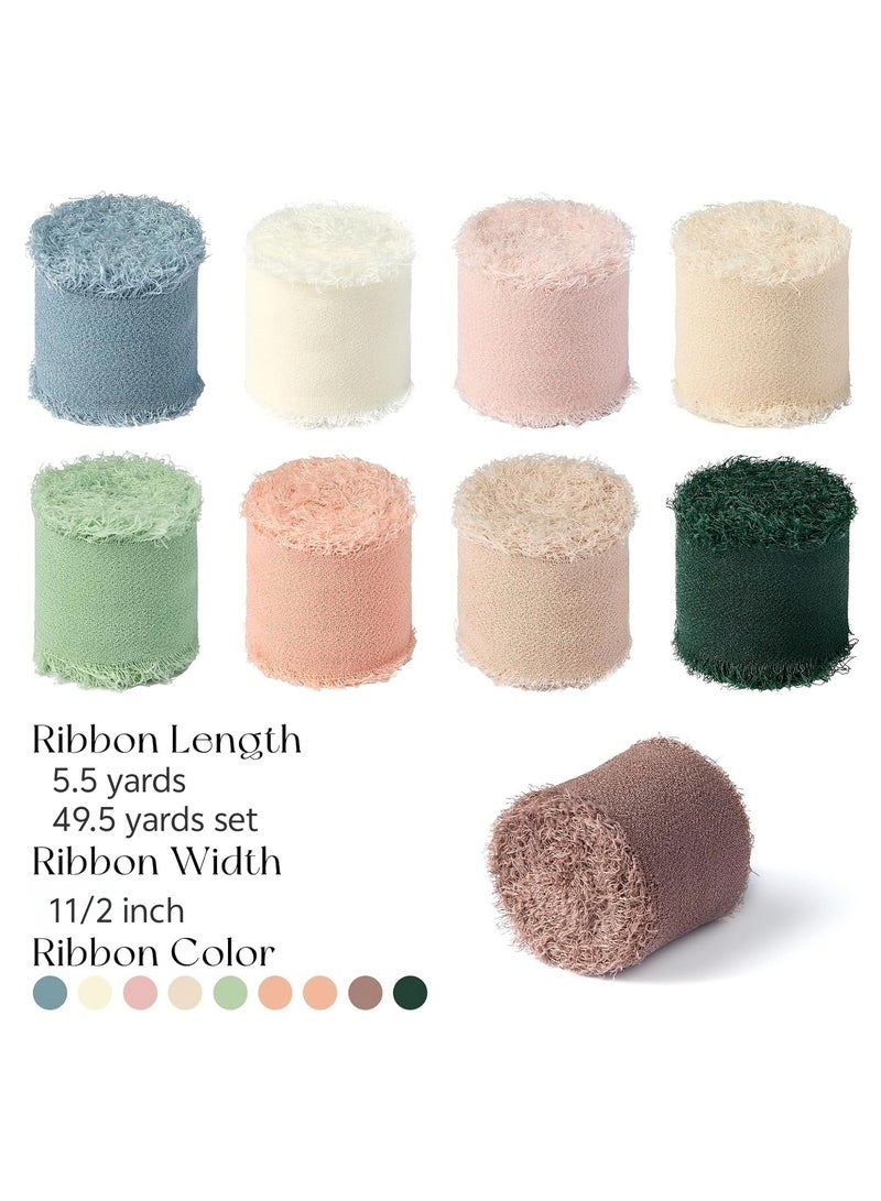 9 Rolls Handmade Fringe Chiffon Silk Ribbon 4cm*5m Multicolour Ribbons Set for Wedding Invitations Bridal Bouquets Gifts Wrapping DIY Crafts(1 1/2 Inch x 49.5 Yard Set) - Image 2