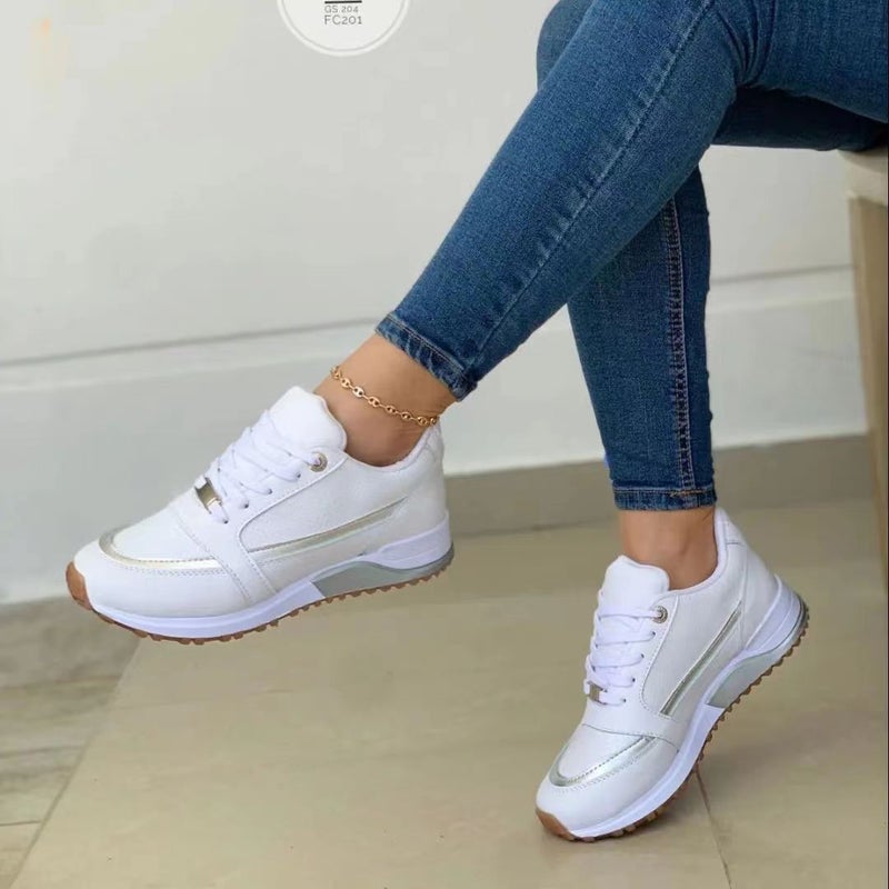 Cross-border foreign trade plus size cross-lace platform cake bottom walking casual sneaker shoes flat bottom round head color matching shoes White