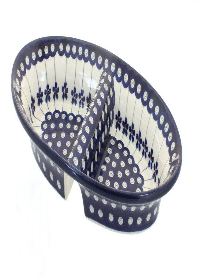 Blue Rose Pottery Blue Rose Polish Pottery - Blue Flowering Peacock Divided Dish - 11.75" Long - Unique Dish for Appetizers, Nuts, or Candy - Image 1