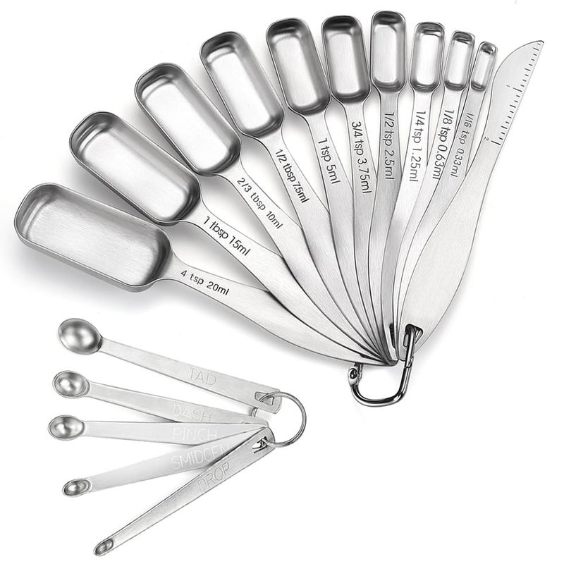 Lucksury 18/8 Stainless Steel Measuring Spoons Set of 16 Pieces, Includes 10 Narrow, 1 Leveler and 5 Mini Spoons - Image 1