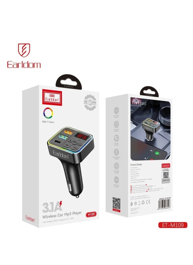 شاحن سيارة Earldom M109 4 في 1 مع منفذين USB مزدوجين ومنفذ Type-C - أسود