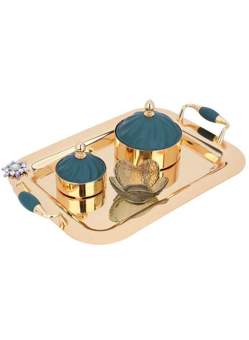 Alsaif Gallery Al Saif Gallery Steel Toferia Set, 41x26x2.8 cm, 2 dates with blue lid, glass bowl, 4 pieces - gold - Image 1
