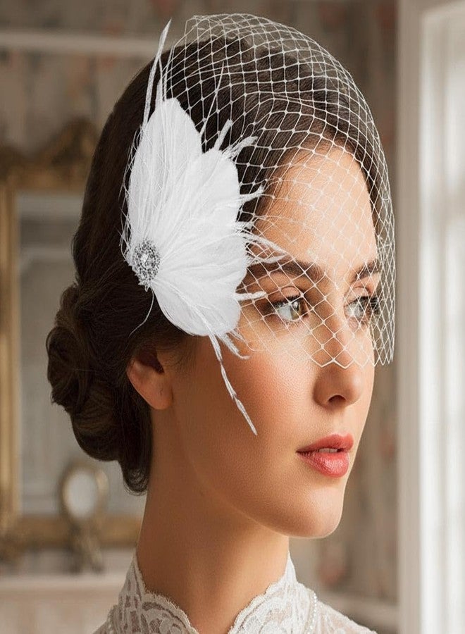 Unsutuo Feather Birdcage Veil Bridal Bandeau Veil Fascinator Net Veil with Headpiece for Women and Girls - Image 5
