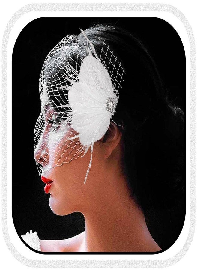 Unsutuo Feather Birdcage Veil Bridal Bandeau Veil Fascinator Net Veil with Headpiece for Women and Girls - Image 1