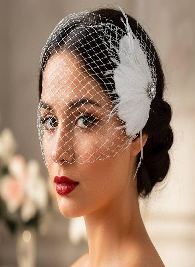 Unsutuo Feather Birdcage Veil Bridal Bandeau Veil Fascinator Net Veil with Headpiece for Women and Girls - Image 3