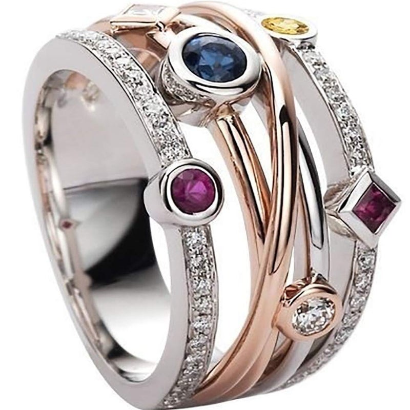 AZQ 925 Sterling Silver Shiny Full Diamond Ring Sapphire Ruby Gemstone Ring Cubic Zirconia Rings CZ Diamond Multi Row Ring Eternity Engagement Wedding Band Ring for women TZ50 US Code 6