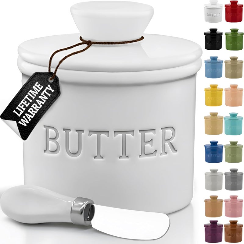 Priority Chef Butter Crock with Lid with Water Line, Ceramic French Butter Dish to Leave On Counter, White - Image 1