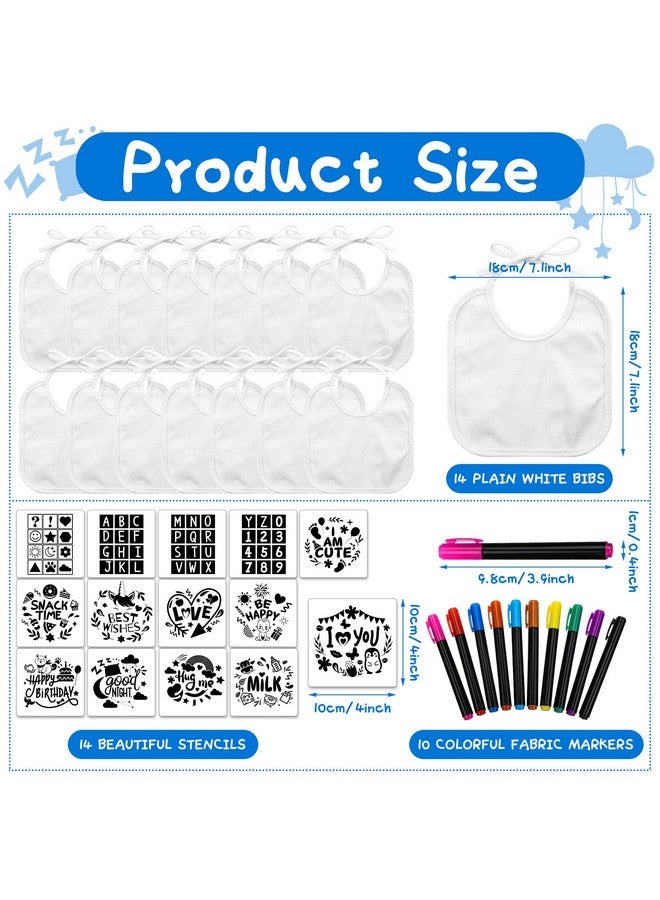 Jutom Jutom 38 Pcs DIY Baby Bibs Decorating Kit 14 Bibs 14 Stencils 10 Fabric Markers 2 Ply Feeder Bibs Design Bib for Shower Games(White)  - Image 1
