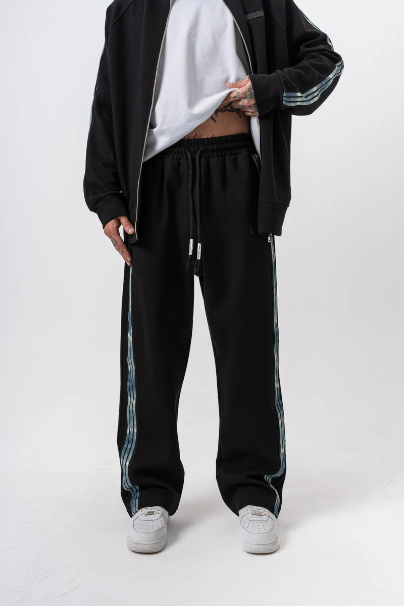 RESPIRE Men's Dark Striped Winter Doubleface Baggy Sweatpants Black