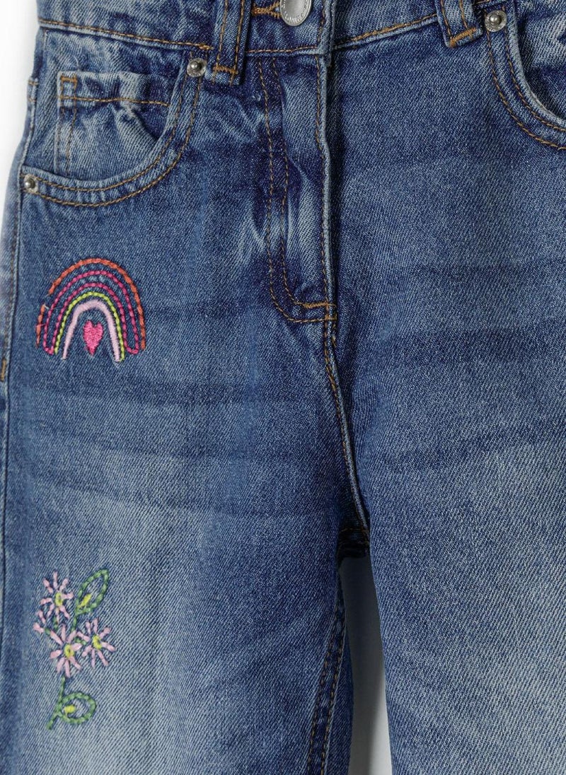 MINOTI Girls Embroidered Distressed Denim Jeans with Flower & Rainbow Details - Image 3