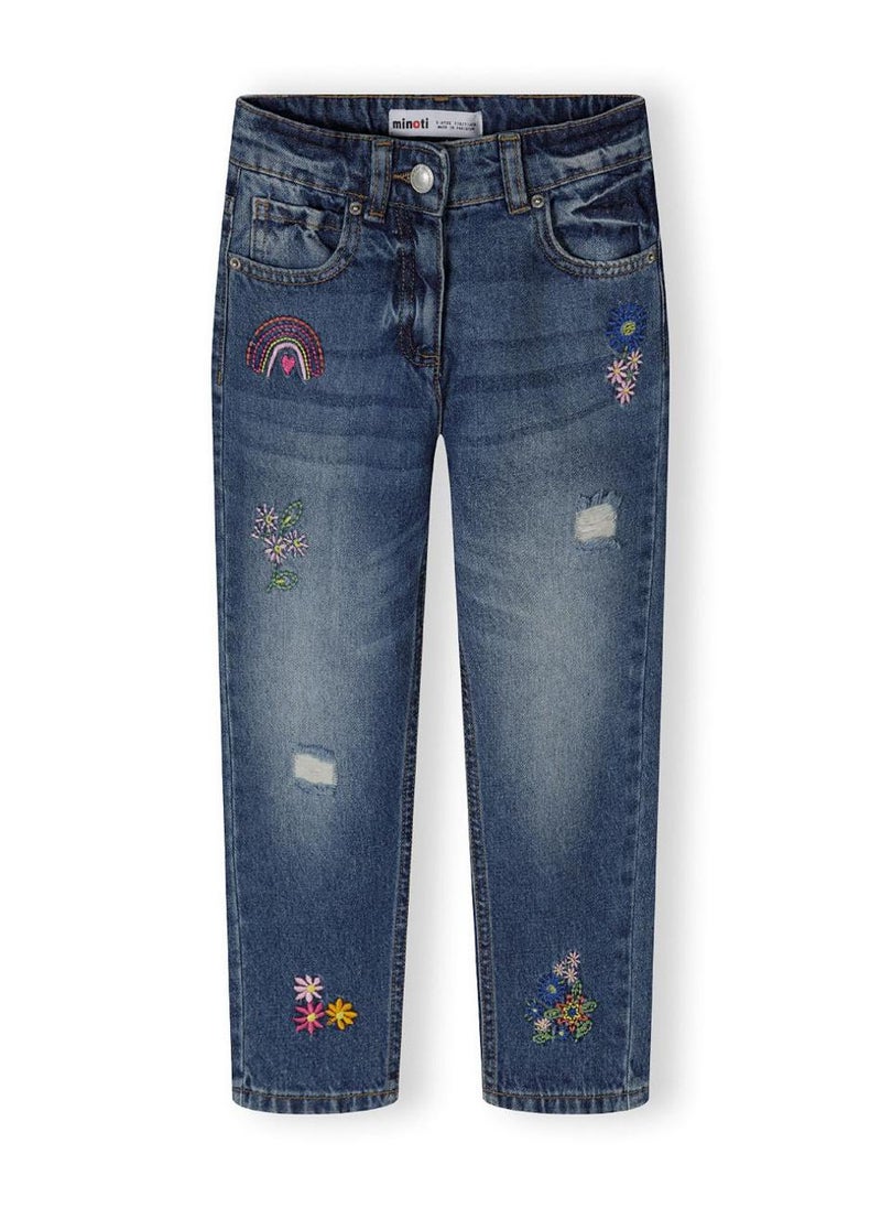 MINOTI Girls Embroidered Distressed Denim Jeans with Flower & Rainbow Details - Image 1