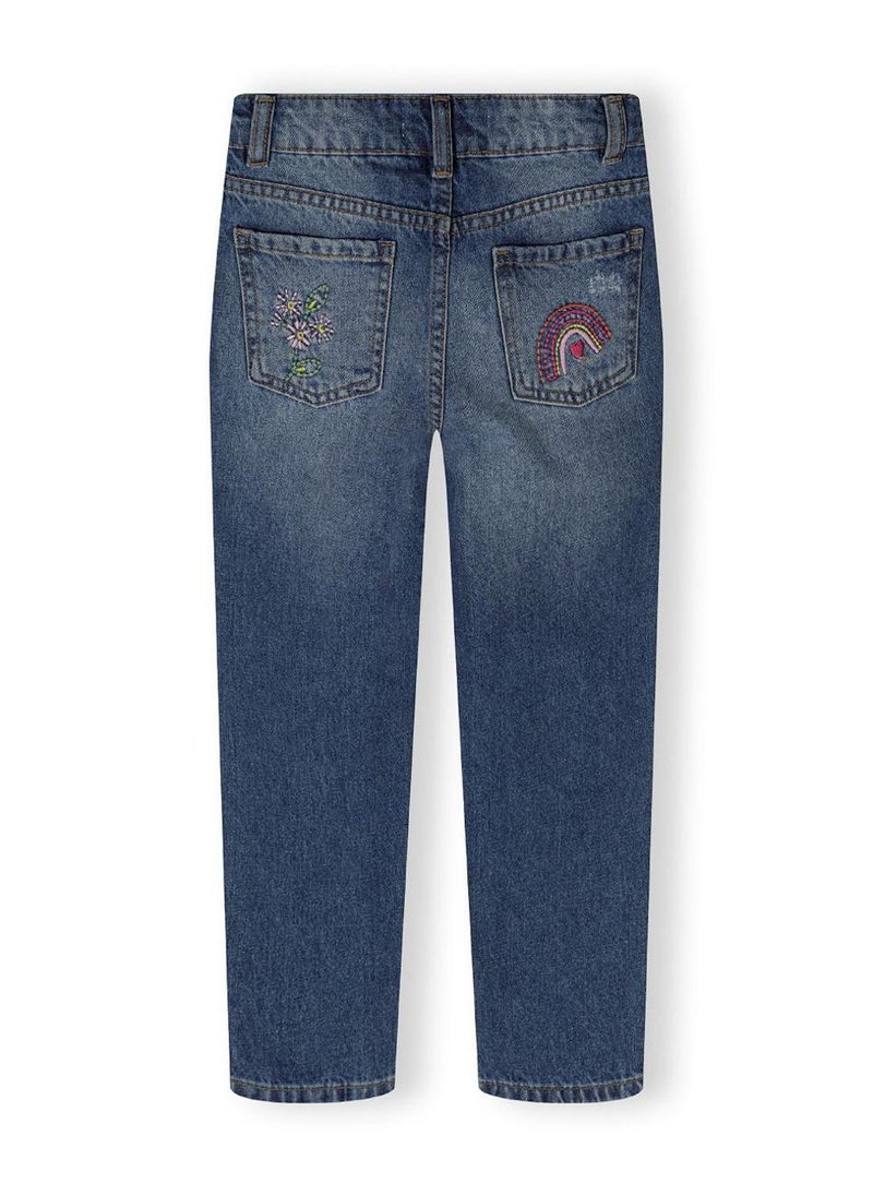 MINOTI Girls Embroidered Distressed Denim Jeans with Flower & Rainbow Details - Image 2