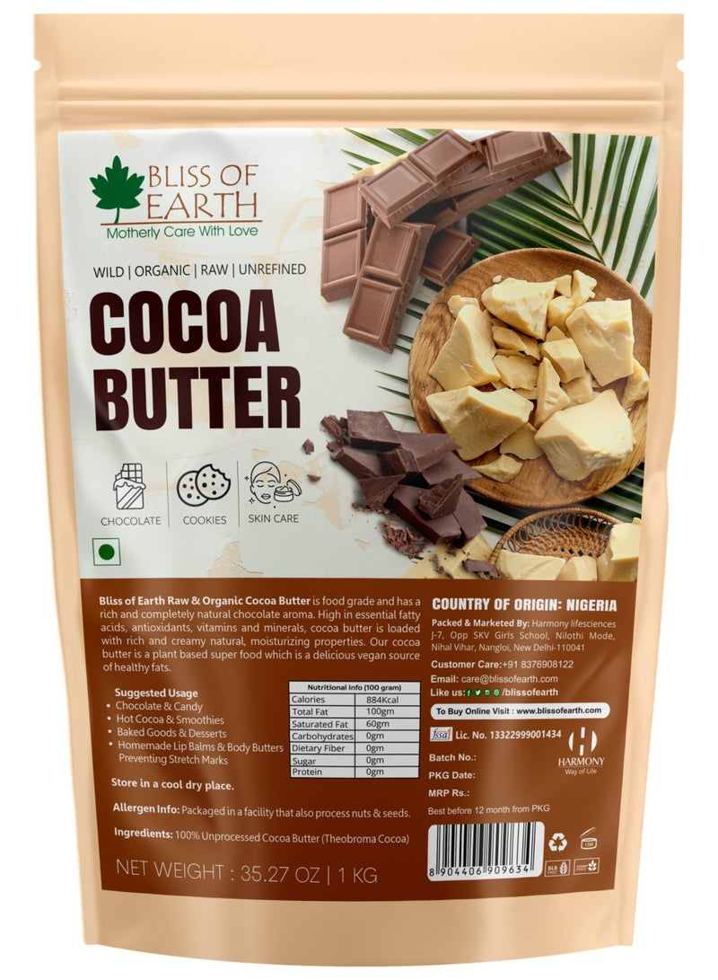 BLISS OF EARTH Organic Cocoa Butter 1KG for Chocolate Making Food Grade Raw & Organic For Hair Skin & Stretch Marks - Image 1
