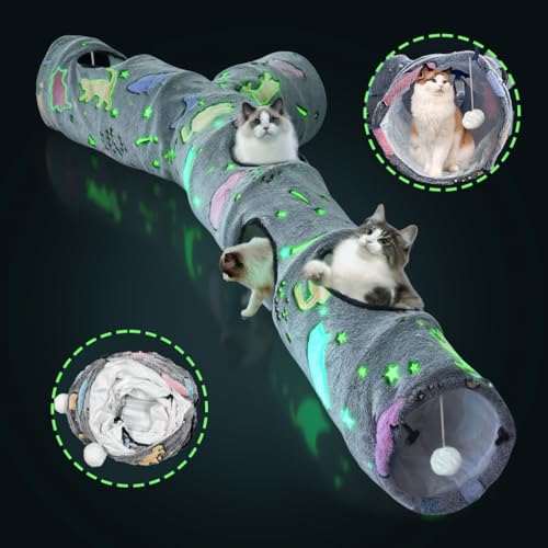 GRETMIX Cat Tunnels for Indoor Cats, Self-Luminous Cat Tunnel with Plush Ball, 3 Way Kitten Tunnel Collapsible, Cat Play Tunnel with Interactive Peephole for Large Cat, Puppy, Kitten - Image 1