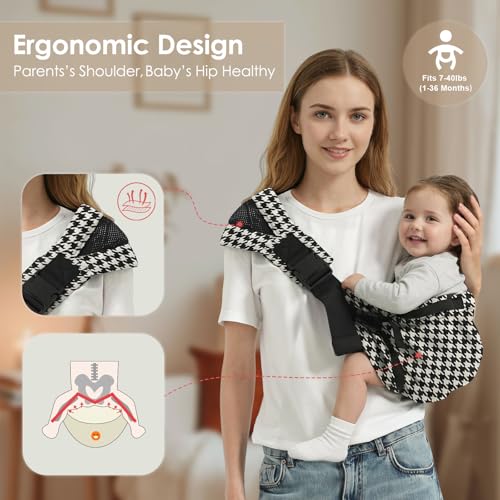 Shiaon Baby Sling Carrier Newborn to Toddler, Adjustable Toddler Carrier Sling Baby Carrier Toddlers Sling Carriers Hip Carriers for 8-40lbs, Black Houndstooth - Image 3