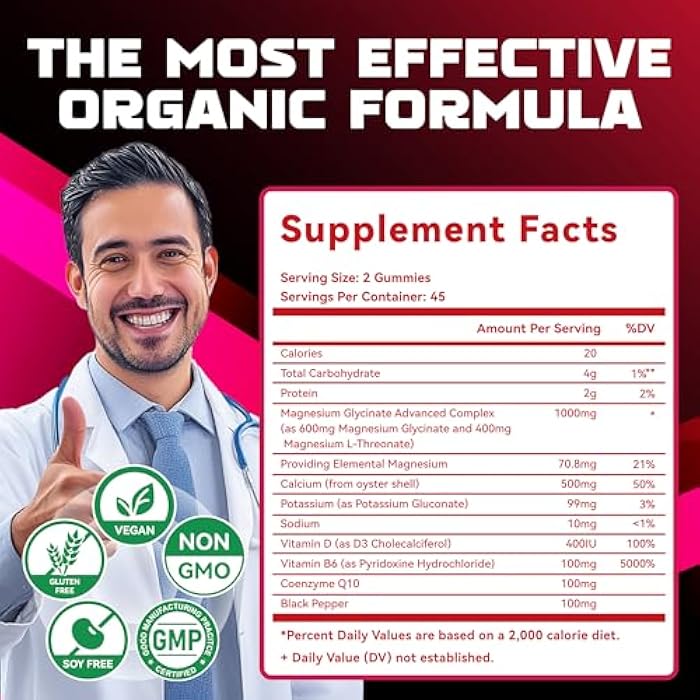 Natures Aid Magnesium Glycinate Gummies 1000mg - Sugar Free Magnesium Potassium Supplement with Vitamin D, B6, CoQ10 for Calm Mood & Sleep Support - 90 Raspberry Gummies. - Image 4
