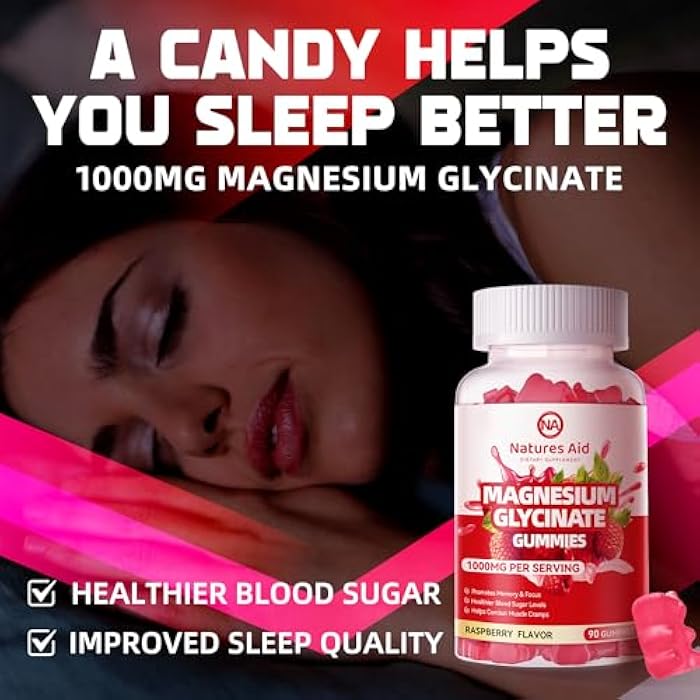 Natures Aid Magnesium Glycinate Gummies 1000mg - Sugar Free Magnesium Potassium Supplement with Vitamin D, B6, CoQ10 for Calm Mood & Sleep Support - 90 Raspberry Gummies. - Image 5