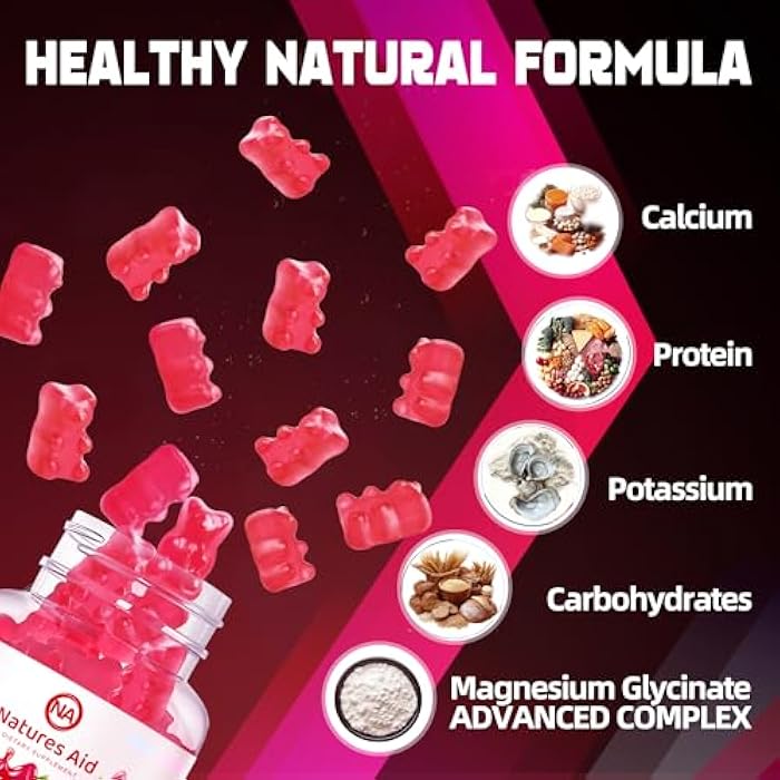 Natures Aid Magnesium Glycinate Gummies 1000mg - Sugar Free Magnesium Potassium Supplement with Vitamin D, B6, CoQ10 for Calm Mood & Sleep Support - 90 Raspberry Gummies. - Image 2
