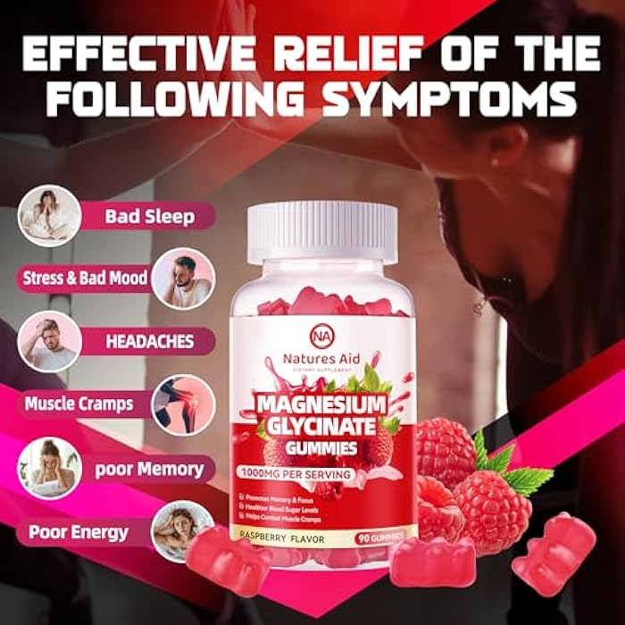 Natures Aid Magnesium Glycinate Gummies 1000mg - Sugar Free Magnesium Potassium Supplement with Vitamin D, B6, CoQ10 for Calm Mood & Sleep Support - 90 Raspberry Gummies. - Image 3