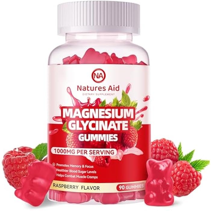 Natures Aid Magnesium Glycinate Gummies 1000mg - Sugar Free Magnesium Potassium Supplement with Vitamin D, B6, CoQ10 for Calm Mood & Sleep Support - 90 Raspberry Gummies. - Image 1
