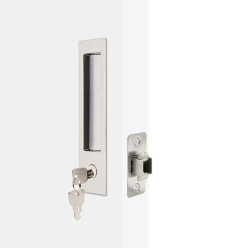 Dontay Pocket Door Handle Modern Rectangular Keyed Entry Function BedBath Pull Latch Recessed Sliding Door Hardware for 1 38 to 2 316 Thickness Keyed Entry Lock Brushed Nickel 2 Pack - Image 1