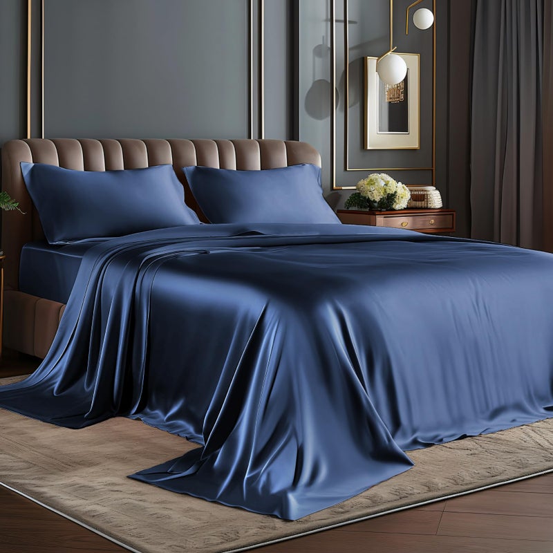 BEDELITE Satin Sheets Full Size Bed Set, Luxury Soft Navy Silky Sheet for Hair and Skin, Similar to Silk Bed Sheets Set 4 Pieces with 1 Deep Pocket Fitted Sheet, 1 Flat Sheet, and 2 Pillowcases - Image 1