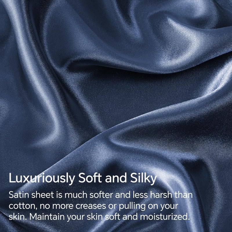 BEDELITE Satin Sheets Full Size Bed Set, Luxury Soft Navy Silky Sheet for Hair and Skin, Similar to Silk Bed Sheets Set 4 Pieces with 1 Deep Pocket Fitted Sheet, 1 Flat Sheet, and 2 Pillowcases - Image 3