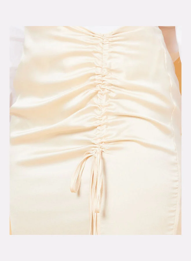 Styli Satin Ruched Front Woven Midi Skirt