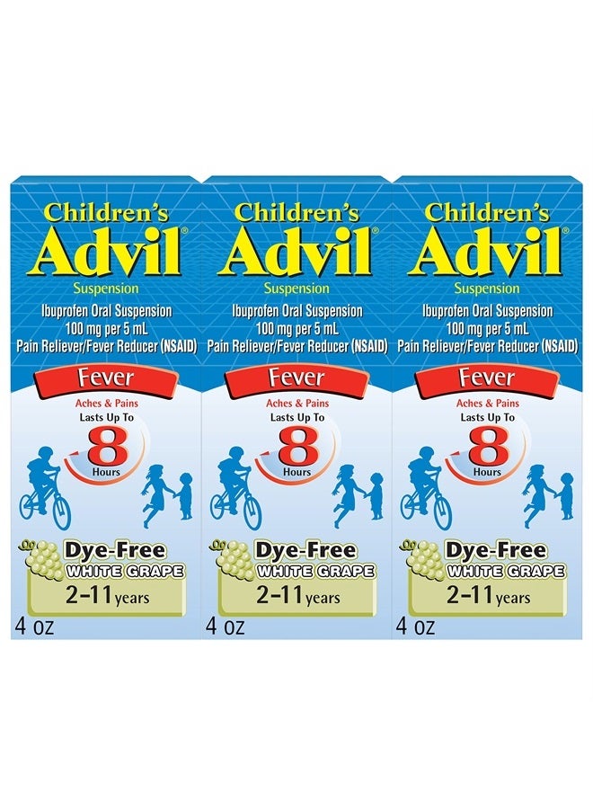 Advil Children's Pain Reliever and Fever Reducer, Dye Free Children's Ibuprofen for Pain Relief, Liquid Ibuprofen for Children, White Grape - 4 Fl Oz (Pack of 3) - Image 1
