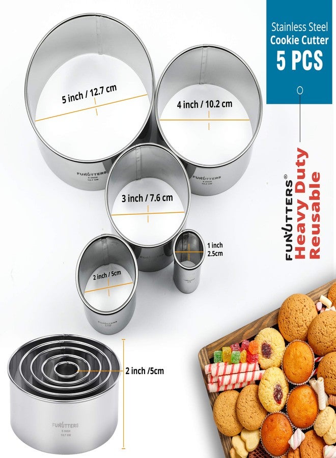 FUNUTTERS Cookie Cutter Set, 5 Pc. Kit, Measuring 1'', 2'', 3'', 4'' and 5'', Round Metal Baking Rings for Pastry, Biscuits, and Dough Cutting, Heavy Duty and Reusable, Multiple Sizes - Image 2