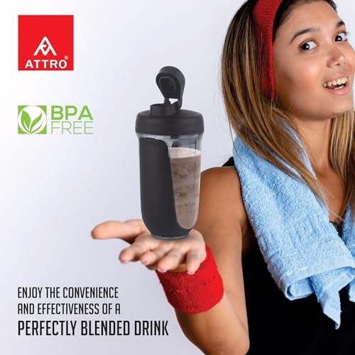 ATTRO Fit Fusion Shaker Bottle 600ml – BPA-Free Protein Mixer with Wire Whisk Ball | Leakproof Lid, Easy Carry Strap | Ideal for Gym, Fitness, Pre/Post Workout Drinks- Black - Image 2