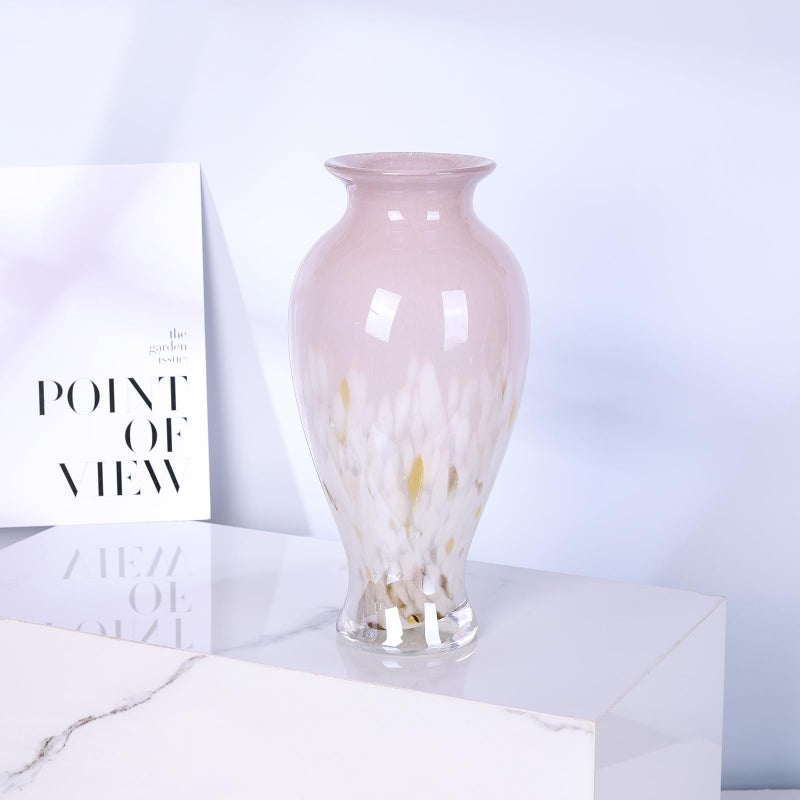 oliruim 11.8" Tall Pink White Blown Glass Vase, Colorful Opaque Glass Vase, Unique Design Wide Mouth Art Decoration for Home, Living Room, Dining Table, Pampas Grass Decor (Pink White) - Image 2