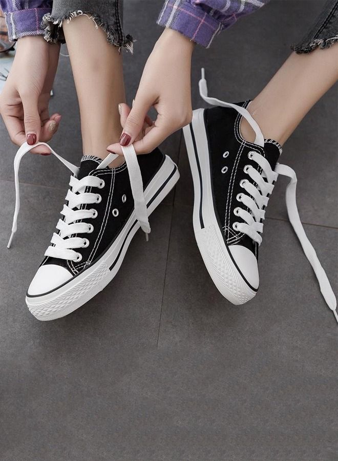 بيوينتي أحذية رياضية نسائية من القماش ذات قصة منخفضة أحذية قماشية كاجوال بأربطة للأزياء أحذية رياضية للمشي باللون الأسود - Image 3