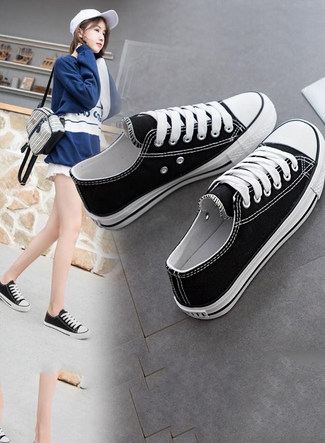 بيوينتي أحذية رياضية نسائية من القماش ذات قصة منخفضة أحذية قماشية كاجوال بأربطة للأزياء أحذية رياضية للمشي باللون الأسود - Image 2