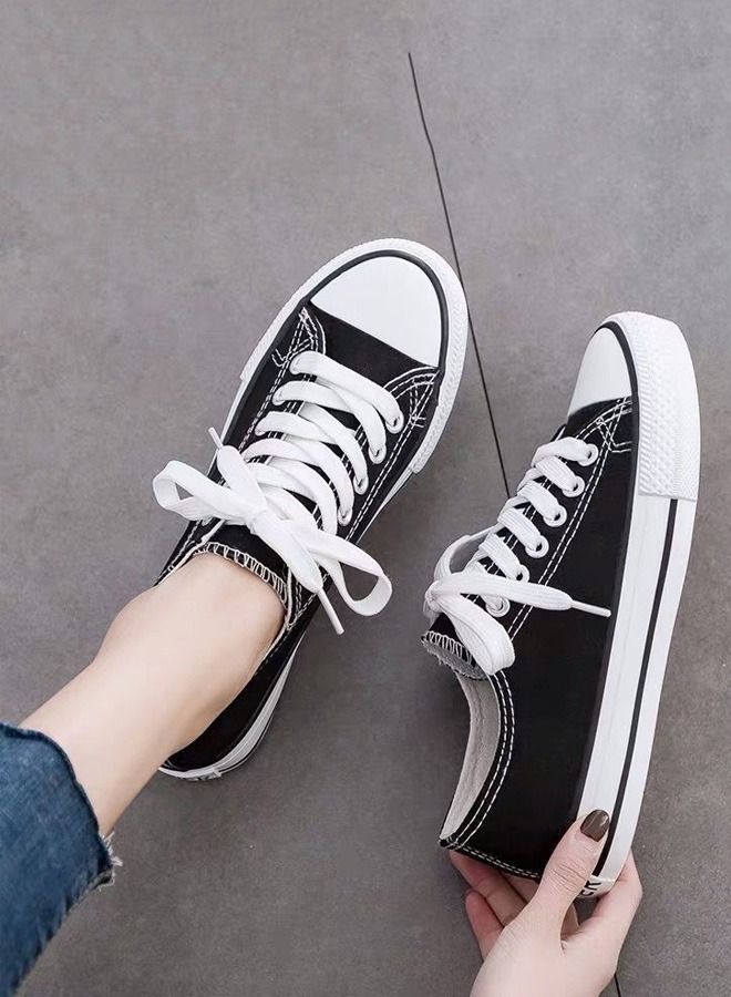 بيوينتي أحذية رياضية نسائية من القماش ذات قصة منخفضة أحذية قماشية كاجوال بأربطة للأزياء أحذية رياضية للمشي باللون الأسود - Image 4