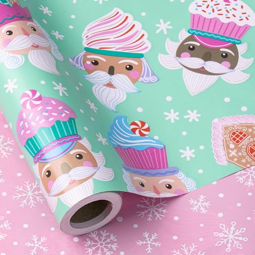 RUSPEPA Christmas Reversible Wrapping Paper Roll for Kids Girls Mini Roll Cute Santa Claus with Sweet Treats Design and Pink Snowflake for Holiday Gifts and Christmas Party 17 Inches X 164 Feet - Image 3