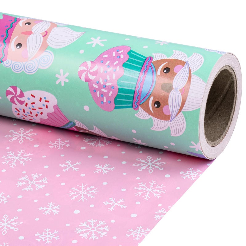 RUSPEPA Christmas Reversible Wrapping Paper Roll for Kids Girls Mini Roll Cute Santa Claus with Sweet Treats Design and Pink Snowflake for Holiday Gifts and Christmas Party 17 Inches X 164 Feet - Image 2