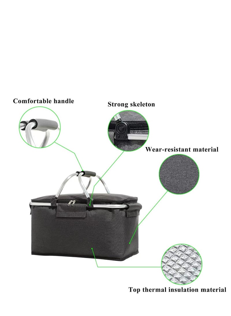 TRASSLE Picnic Basket 22L Portable Collapsible Cooler Bag Grocery Bag Shopping Basket with Aluminium Handles for Shopping, Travel, Camping  - Image 2