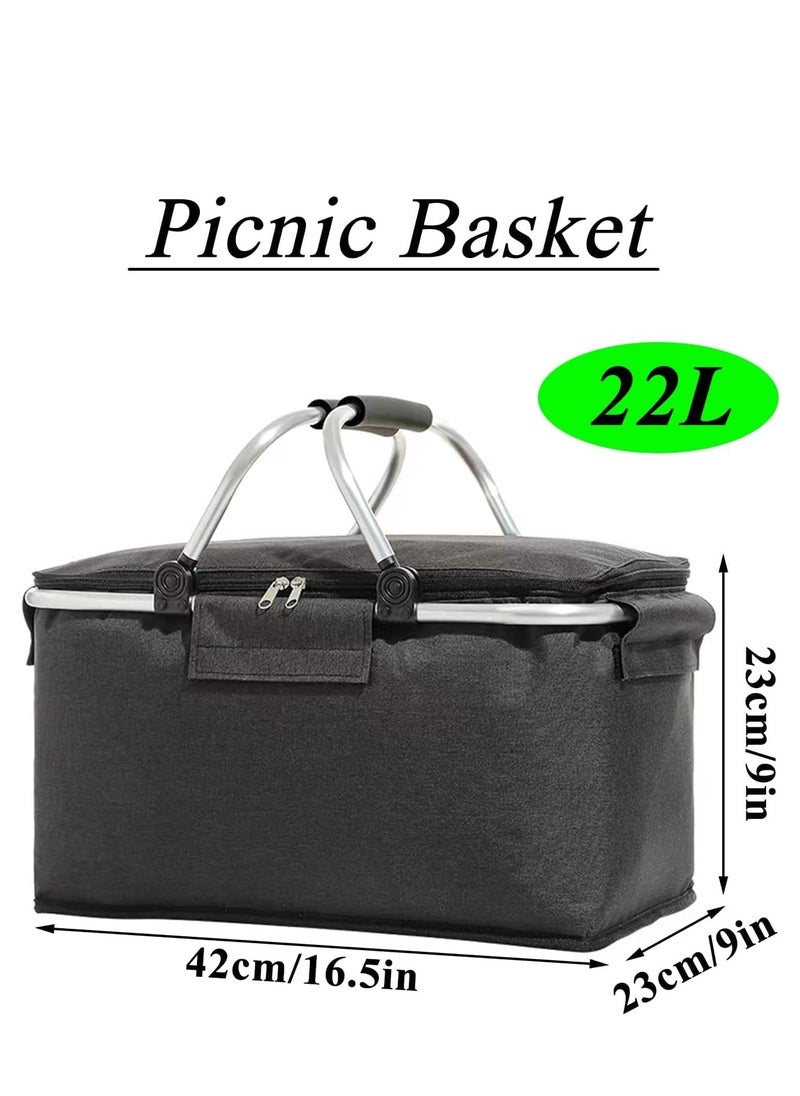 TRASSLE Picnic Basket 22L Portable Collapsible Cooler Bag Grocery Bag Shopping Basket with Aluminium Handles for Shopping, Travel, Camping  - Image 3