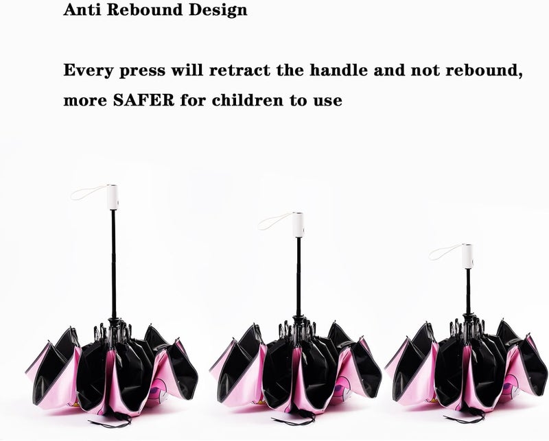 Kids Automatic Folding Umbrella Uv Resistant Travel Umbrella Button Open-close Cartoon Printing Anti-rebound Design Umbrella Portable Water - Windproof Umbrella for Kids Girls, One Size - Image 2